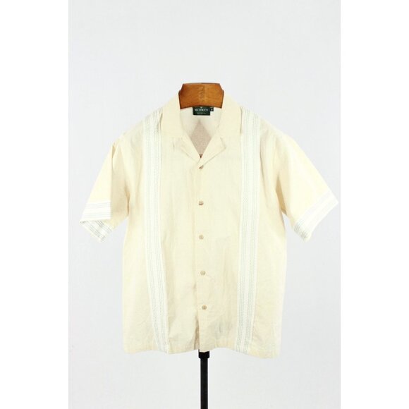 MUSTIQUE Ivory 100% Cotton Canvas Short Sleeve Bowling Camp Shirt, Size M - Picture 1 of 10